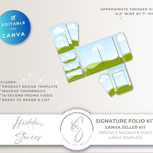 Könnte beinhalten: Ein digitales Design-Kit für ein Signature-Folio, bearbeitbar mit Canva. Enthält eine Produktdesign-Vorlage, Mockup-Thumbnails und ein 15-sekündiges Promo-Video. Die fertige Größe beträgt 11,43 cm mal 17,78 cm. Logo mit dem Text Hidden Stories.