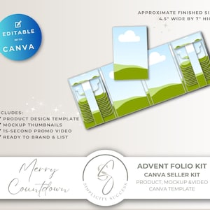 May include: An Advent Folio Kit Canva seller kit with a product design template, mockup thumbnails, and a 15-second promo video. The finished size is approximately 4.5 inches wide by 7 inches high. The design includes a blue and white sky and green hills.