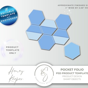 May include: A light blue pocket folio template with a hexagonal design. The approximate finished size is 3 inches wide by 2.50 inches high. The image includes the text "Editable Template with Photoshop" and "Product Template Only".