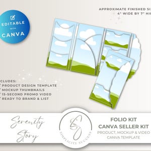 Serenity Story Canva Seller Kit, Junk Journal Folio Template is editable with drag and drop frames with mockup for product display, S13