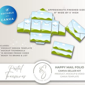 Puede incluir: Un kit de vendedor Canva para Happy Mail Folio con un diseño de paisaje de colinas verdes y cielo azul. Incluye texto: Editable with Canva, Approximate finished size 20,32 cm wide by 12,7 cm high, Postal Treasures y Simplicity Success.