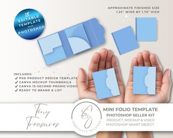Tiny Treasures Photoshop Seller Kit con oggetto avanzato PSD per un mini album di junk journal, con visualizzazione prodotto su Canva, T1