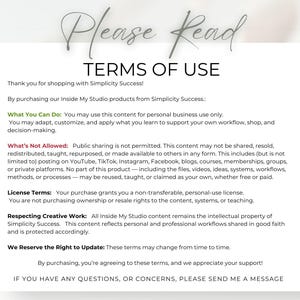 May include: A white document with the text "Please Read TERMS OF USE" in a script font. The document outlines terms for using products from Simplicity Success, including what is and isn't allowed, and license terms.