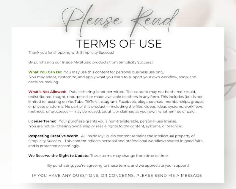 May include: A white document with the text "Please Read TERMS OF USE" in a script font. The document outlines terms for using products from Simplicity Success, including what is and isn't allowed, and license terms.