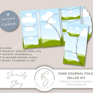 Serenity Story Seller Kit, Junk Journal Folio Template is editable in Canva with drag and drop frames with mockup for product display, S13