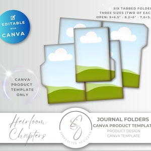 Puede incluir: Una plantilla de Canva para carpetas de diario. La imagen muestra seis carpetas con pestañas en tres tamaños: 22,9x16,5 cm, 20,8x15,2 cm y 19,3x14 cm. Cada carpeta presenta un diseño de cielo y paisaje verde. El diseño es editable con Canva.