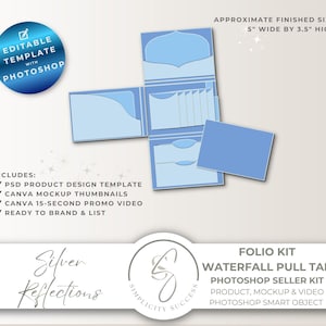 Könnte beinhalten: Ein hellblaues Folio-Kit mit einem Wasserfall-Zuglaschen-Design. Die ungefähre Endgröße beträgt 12,7 cm breit und 8,9 cm hoch. Enthält eine PSD-Produktdesignvorlage, Canva-Mockups und ein 15-Sekunden-Promo-Video.