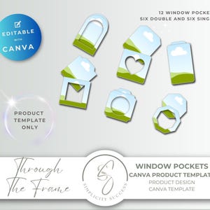 May include: A set of 12 window pockets in various shapes including arched, square, heart, and circular designs. Each pocket features a green landscape and blue sky graphic. Text includes Editable with Canva, 12 Window Pockets, and Through The Frame.