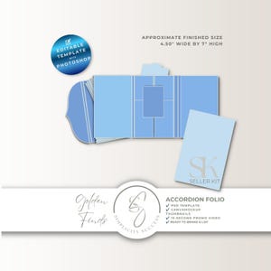 May include: A light blue accordion folio template with a rectangular center frame and a matching card featuring the text SK SELLER KIT. The text states an approximate finished size of 4.50 inches wide by 7 inches high and editable template with Photoshop.