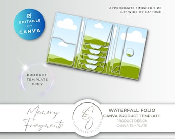 Könnte beinhalten: Eine Wasserfall-Folio-Produktvorlage mit einem Grafikdesign aus blauem Himmel und grünen Hügeln. Der Text lautet Editable with Canva, Product Template Only, Memory Fragments, Waterfall Folio und Approximate Finished Size 9,65 cm breit mal 16,51 cm hoch.