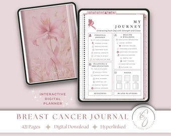 Op de afbeelding: Een roze en witte digitale planner met een roze lint en bloemendesign. De planner heeft de titel "My Journey: Embracing Each Day with Strength and Grace". Hij bevat secties voor persoonlijke reis, gezondheid en welzijn, planning en organisatie, notities en blanco planners. De planner heeft 421 pagina's en is een digitale download.