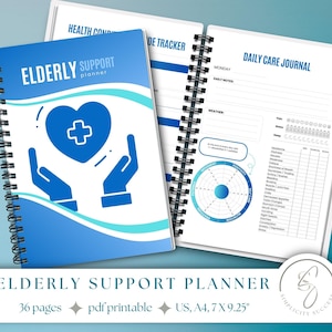 Könnte beinhalten: Ein blauer und weißer Planer mit dem Text "ELDERLY SUPPORT PLANNER" auf dem Cover. Der Planer hat eine Spiralbindung und ein Herz mit einem Kreuz darin. Der Text "36 pages", "pdf printable", und "US, A4, 7 X 9.25" ist ebenfalls auf dem Cover.