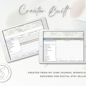 May include: Two white tablets displaying digital content planning tools. One tablet shows a "Prompt Helper" interface, and the other displays a "Content Flow" interface. The image includes the text "Creator Built" and "Simplicity Success". Designed for digital Etsy sellers.