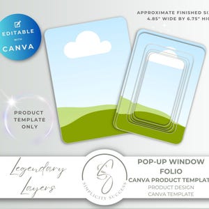 Puede incluir: Una plantilla de producto para un folio de ventana emergente, con un tamaño final de 12,3 cm de ancho por 17,1 cm de alto. El diseño presenta un gráfico de cielo y paisaje. La plantilla es editable con Canva.