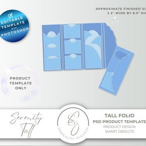 May include: A light blue tall folio PSD product template with a scalloped edge. The template is approximately 3.5 inches wide by 8.5 inches high. The design includes pockets and decorative elements. Text on the image includes "Editable Template with Photoshop" and "Product Template Only."