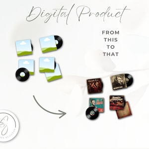 Puede incluir: Imagen que muestra una transformaci&oacute;n de producto digital. La imagen presenta discos de vinilo y portadas de &aacute;lbumes, con el texto "Digital Product" y "From This To That". Un logotipo de Simplicity Success est&aacute; en la esquina inferior izquierda.