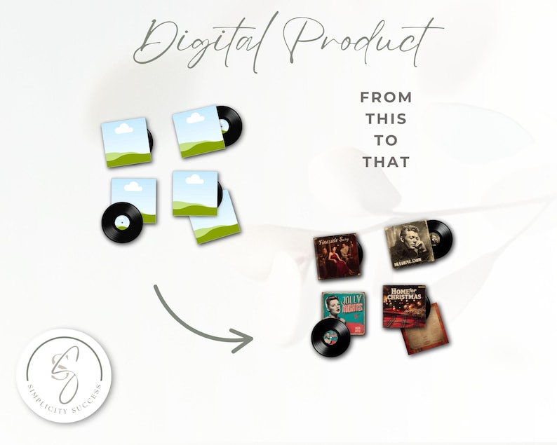 Puede incluir: Imagen que muestra una transformaci&oacute;n de producto digital. La imagen presenta discos de vinilo y portadas de &aacute;lbumes, con el texto "Digital Product" y "From This To That". Un logotipo de Simplicity Success est&aacute; en la esquina inferior izquierda.