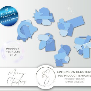 Puede incluir: Una plantilla de producto digital con varios grupos de efímeras azules. El diseño incluye elementos editables con Photoshop, y el texto "Editable Template with Photoshop" es visible. El producto es para el diseño de productos utilizando objetos inteligentes.