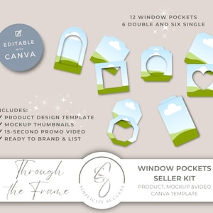 May include: A digital product seller kit with 12 window pockets, including six double and six single designs. The kit includes a product design template, mockup thumbnails, a 15-second promo video, and is ready to brand and list. The design is editable with Canva.