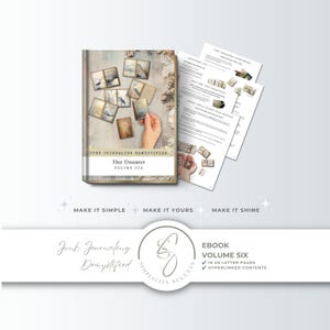 May include: A digital ebook titled Junk Journaling Demystified Tiny Treasures Volume Six, featuring a cover with small bird-themed cards, alongside printed pages of text and instructions. The ebook contains 19 US letter pages and hyperlinked contents.