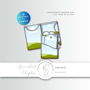 Peut inclure: Un modèle de folio à onglets Canva avec un graphique de paysage, ciel bleu et collines vertes. Texte : APPROXIMATE FINISHED SIZE 8,89 cm WIDE BY 12,7 cm HIGH, EDITABLE WITH CANVA, Burnished Chapters, TAB FOLIO, SIMPLICITY SUCCESS.