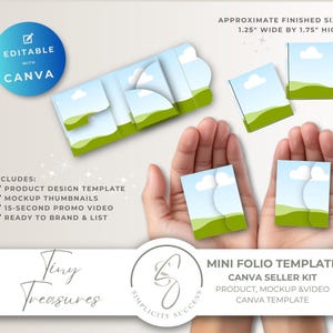 Könnte beinhalten: Ein Mini-Folio-Vorlagen-Canva-Verkäufer-Kit mit Landschaftsdesign, grünen Hügeln und blauem Himmel. Enthält Text: Editable with Canva, Tiny Treasures, Simplicity Success, Mini Folio Template, und ungefähre Endgröße 3,18 cm Breite mal 4,45 cm Höhe.