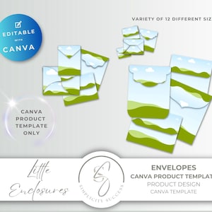 May include: An image showcasing a Canva product template for envelopes. The design features a landscape with green hills and a blue sky. The text "EDITABLE WITH CANVA" and "VARIETY OF 12 DIFFERENT SIZES" are visible.