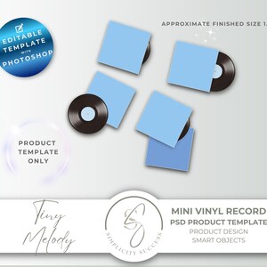 May include: A product template featuring miniature vinyl records in light blue sleeves. The image includes text that reads "EDITABLE TEMPLATE WITH PHOTOSHOP" and "PRODUCT TEMPLATE ONLY". The approximate finished size is 1.5 inches. The product is a PSD product template.