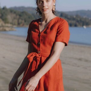 Red linen dress, linen dress with buttons, red linen dress PORTO