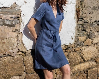 Short linen dress, linen wrap dress, blue linen dress ARNELA