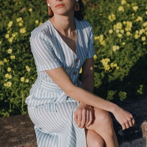 Linen dress with buttons, linen dress with tie, striped linen dress PORTO