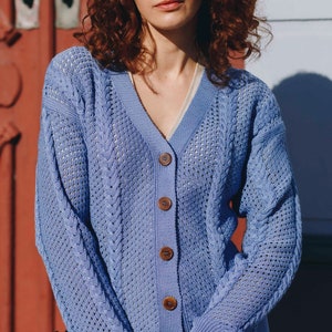 Giacca in maglia da donna, giacca in maglia traforata, cardigan in cotone biologico blu MALLO