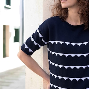 Summer knit sweater for women, short-sleeve cotton sweater, blue cotton knit sweater PONTE