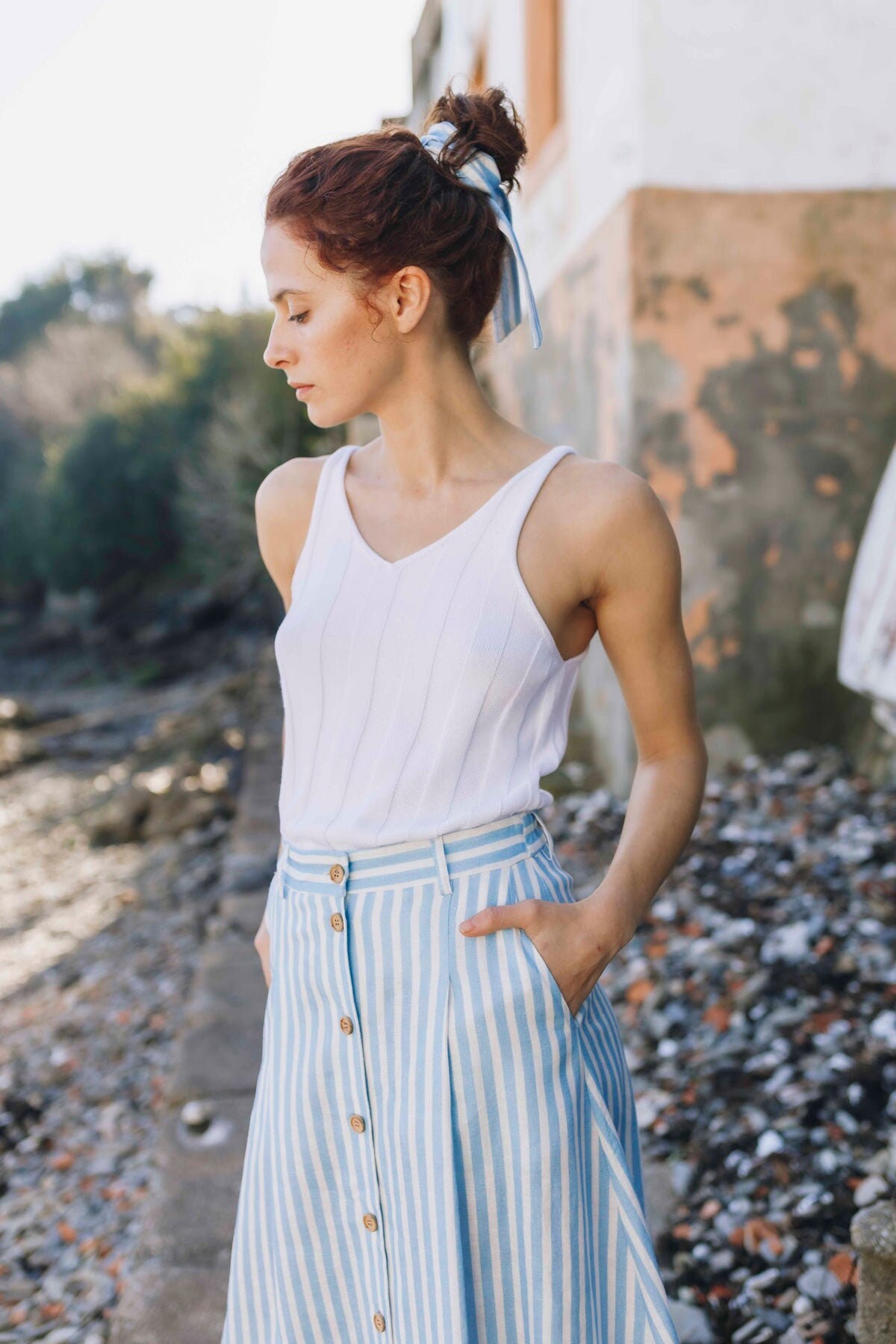 Long Linen Skirt, Linen Skirt With Buttons, Striped Linen