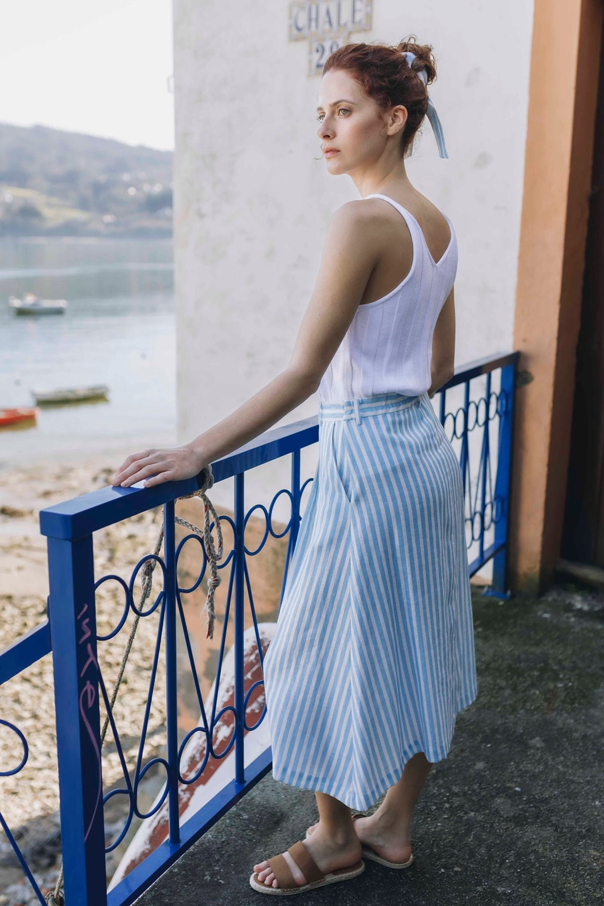 ● I AM MARI ● Neville Linen T-Shirt Blouse Flare Skirt Long Linen Skirt, Linen Skirt With Buttons, Striped Linen