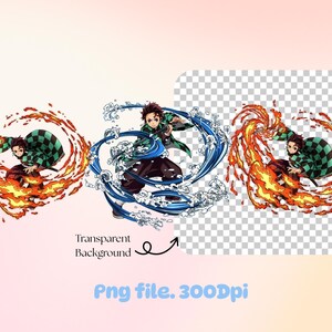 K&ouml;nnte beinhalten: Digitale Illustration eines Charakters in einem gr&uuml;n-schwarz karierten Haori, umgeben von Flammen und Wasser. Das Bild enth&auml;lt den Text "Transparent Background" und "Png file. 300Dpi".