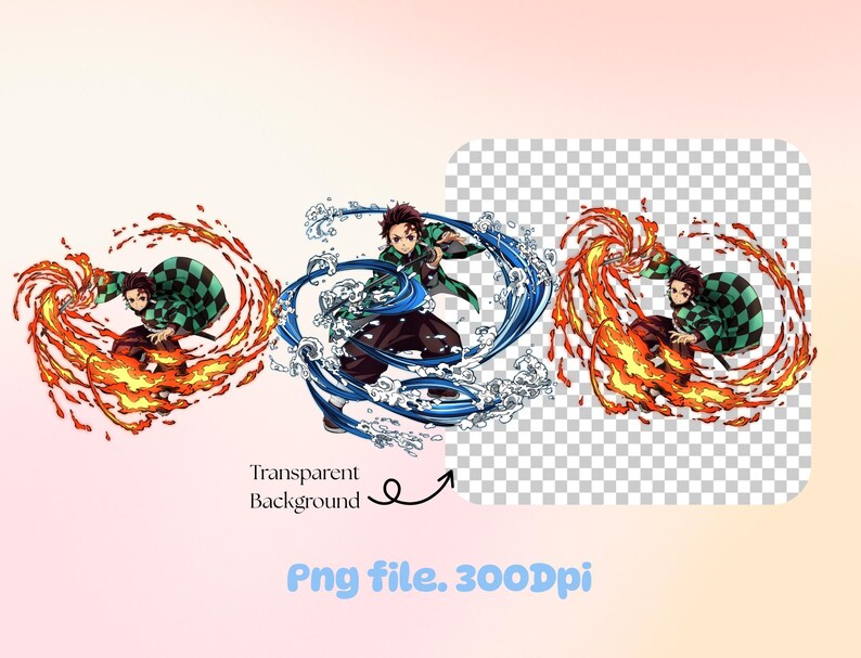 K&ouml;nnte beinhalten: Digitale Illustration eines Charakters in einem gr&uuml;n-schwarz karierten Haori, umgeben von Flammen und Wasser. Das Bild enth&auml;lt den Text "Transparent Background" und "Png file. 300Dpi".