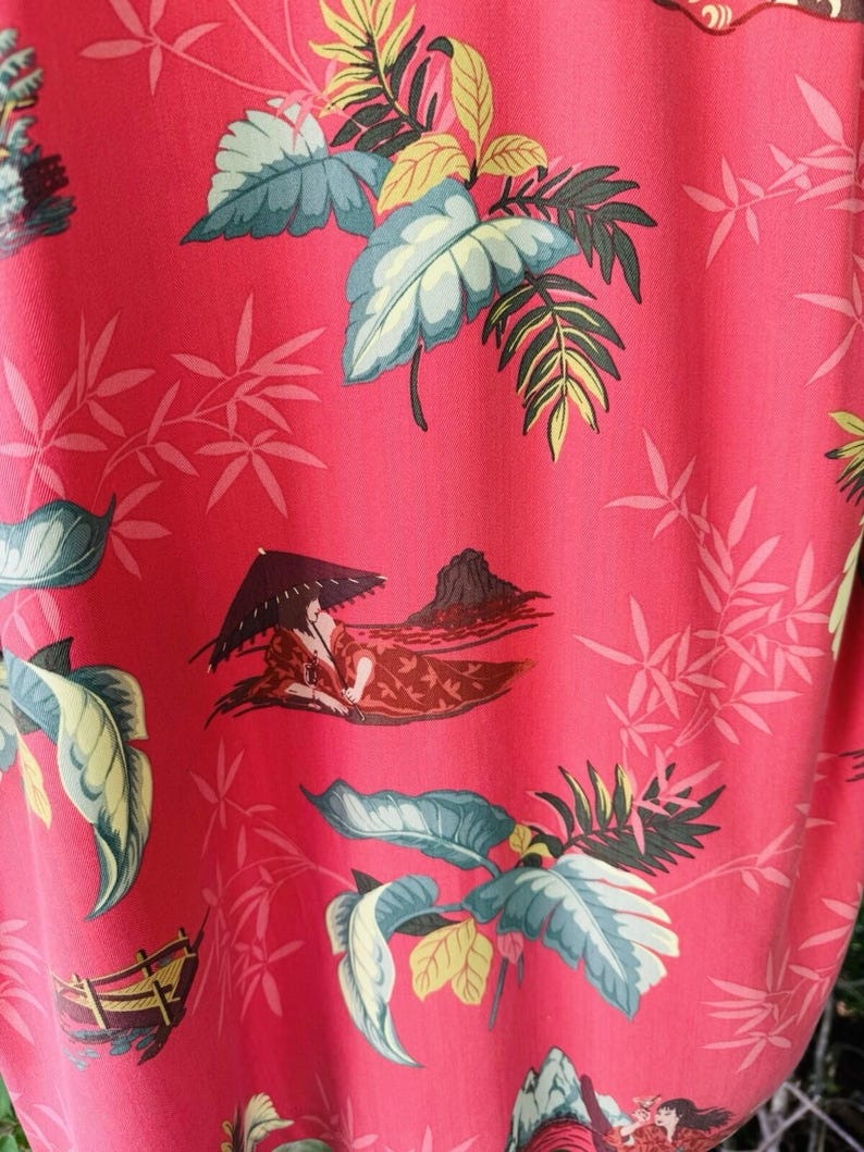Camisa hawaiana Tommy Bahama talla M, de seda, con estampado de hojas tropicales, color naranja Aloha, excelente estado. imagen 6