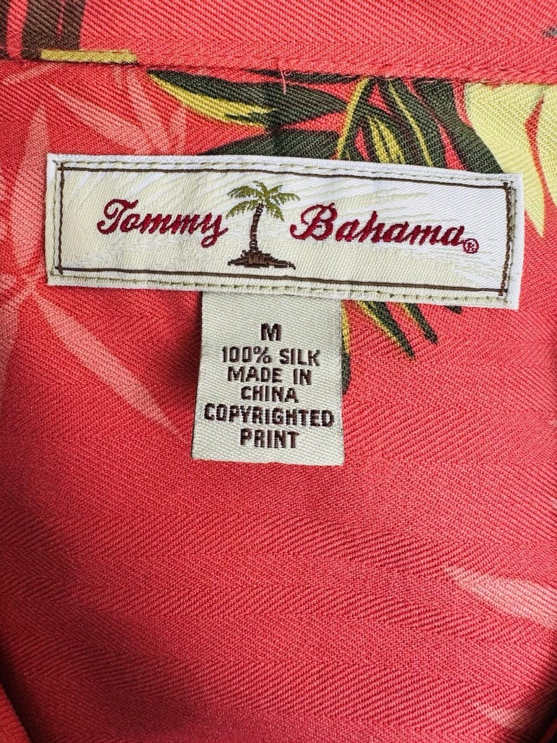 Camisa hawaiana Tommy Bahama talla M, de seda, con estampado de hojas tropicales, color naranja Aloha, excelente estado. imagen 9