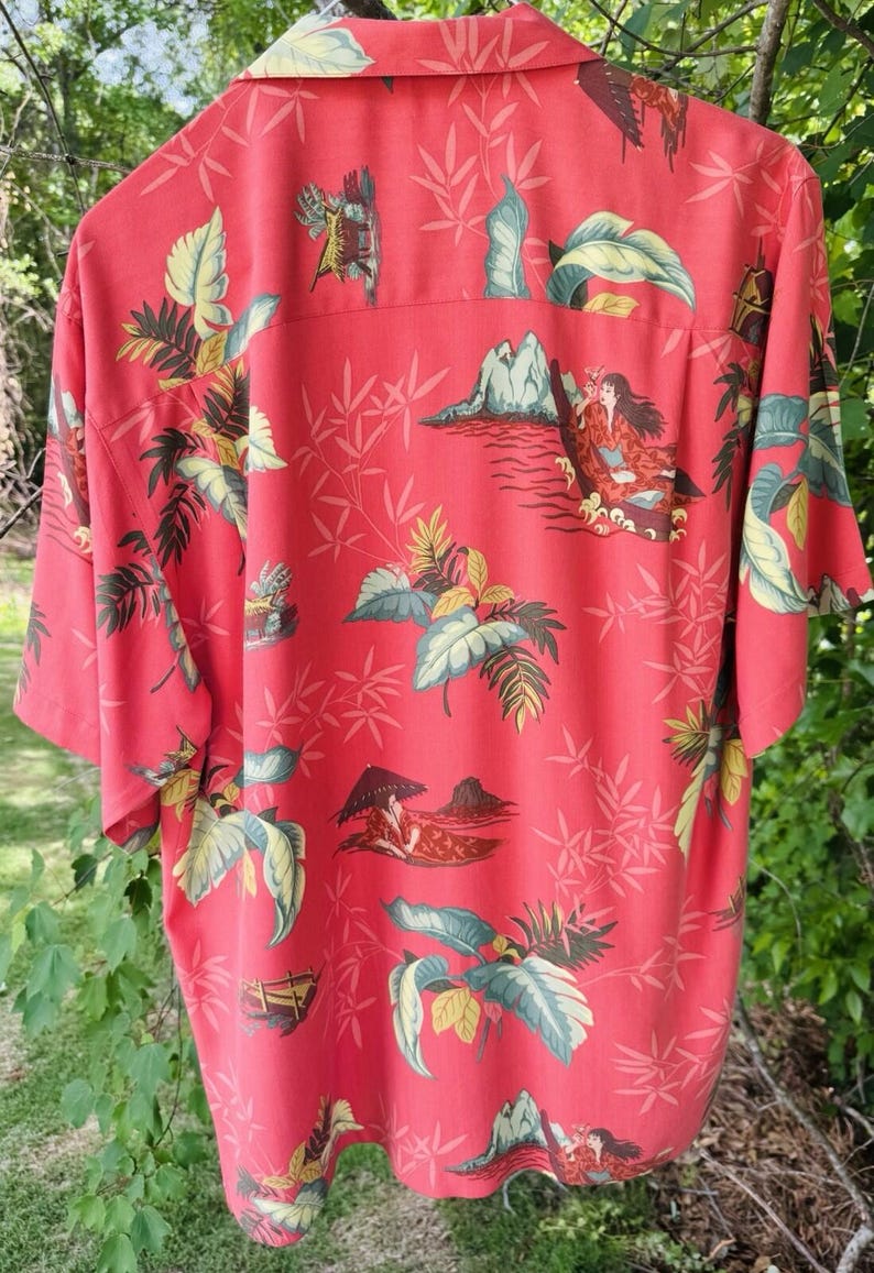 Camisa hawaiana Tommy Bahama talla M, de seda, con estampado de hojas tropicales, color naranja Aloha, excelente estado. imagen 5
