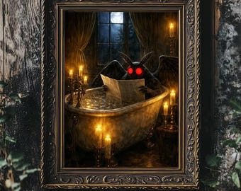 Mothman Bathroom Poster, Vintage Spooky Wall Art, Cryptid Dark Wall Decor, Mothman Painting Style Art Poster, Funny Cryptid Art Decor
