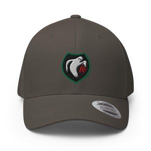 May include: A charcoal grey baseball cap with a curved peak. The cap has an embroidered patch with a white ghost holding red flames, outlined in green, on a black shield. The adjustable hat has a silver tag.