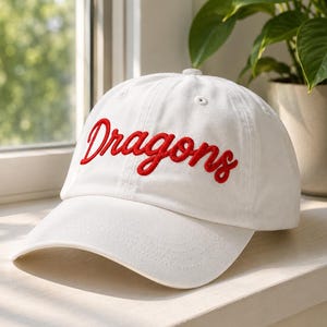 Custom Dragons 3D Puff Cursive Embroidered Relaxed Fit Hat, Dragons Team Hat, Dragons Fan, Dragons Baseball Cap, Dragons Mascot Hat