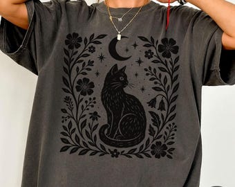 Boho Floral Cat Graphic Tee, Comfort Colors® Shirt, Cottagecore Dark Academia Shirt, Botanical Music Concert Festival T-Shirt