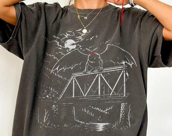 Hand Sketched Vintage Mothman Bridge Comfort Colors® Cryptid Shirt, Cryptid Halloween Tee, Retro Mothman Oversized Graphic Tee