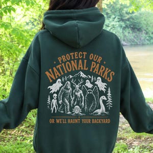 Protect Our National Parks Hoodie, Cryptid Halloween Hoodie, Bigfoot Mothman Cryptid Outdoor Nature Graphic Camping Summerween Hoodie