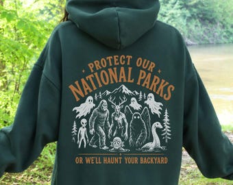 Protect Our National Parks Hoodie, Cryptid Halloween Hoodie, Bigfoot Mothman Cryptid Outdoor Nature Graphic Camping Summerween Hoodie