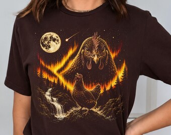 Chicken Howling at Moon Vintage 90s Graphic Shirt, Retro Brown Chicken Tee, Funny Chicken Northern Lights Galaxy T-Shirt, Cute Farm Shirt