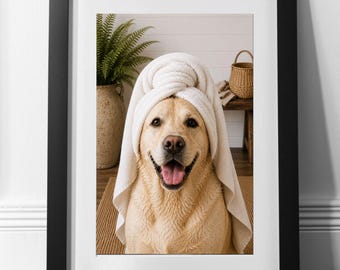 Funny Labrador Bathroom Wall Art, Yellow Lab with Towel on Head Print, Dog Bath Decor, Labrador Dog Owner Gift, Funny Dog Bathroom Artwork