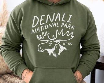 Denali National Park Moose Unisex Hoodie Retro Denali Hoodie, Hiking Camping Denali National Park Graphic Hoodie, Denali Gift